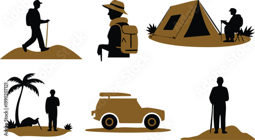 Desert safari and tropical island vacation with car and palm tree.