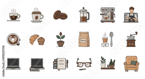 Coffee Shop Icons: Barista, Espresso Machine, French Press, Beans, Croissants, Laptop, Armchair