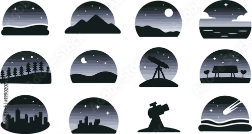 Night sky landscapes with stars, moon, mountains, city and telescope.