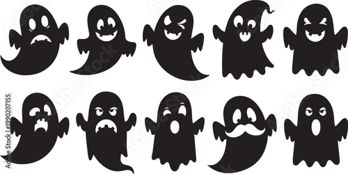 Black Ghost Icons, Halloween Vector Graphics, Spooky Characters, Cartoon Boo Illustrations isolated on Transparent Background
