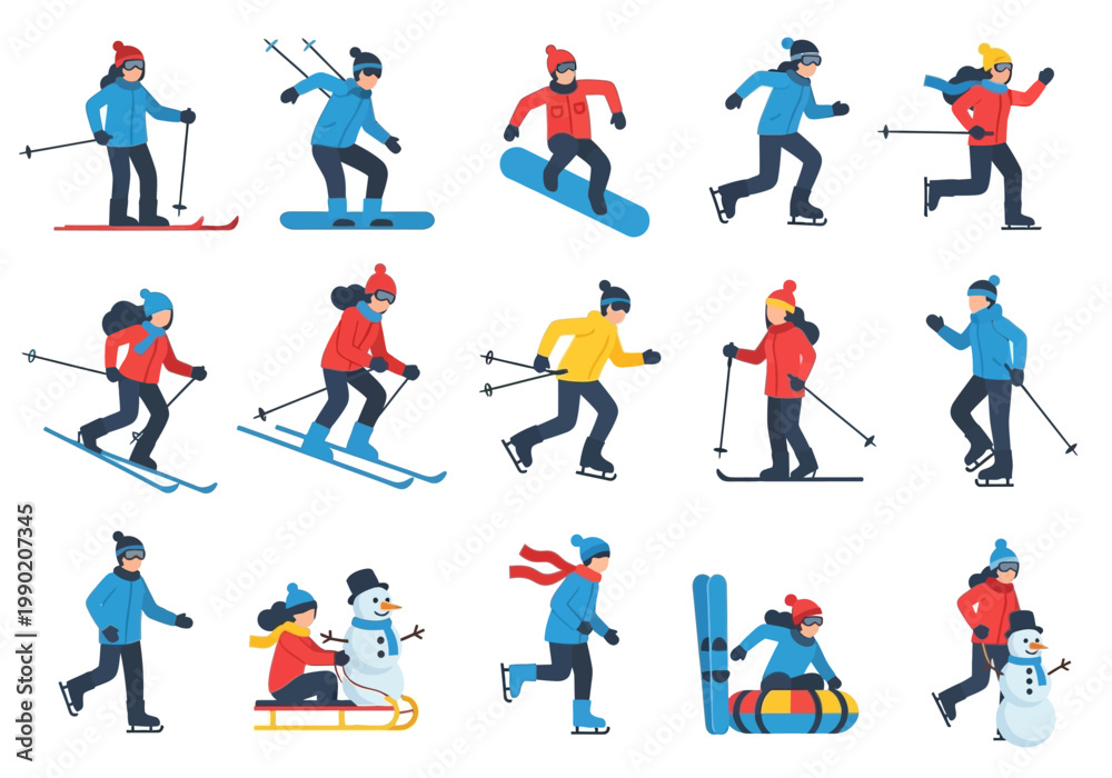 Fototapeta premium Winter Sports and Outdoor Activities Vector Illustration Set Featuring People Skiing, Snowboarding, Ice Skating, and Sledding