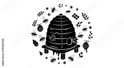 Honeycomb hive icon with dripping honey and floral leaf wreath, cute black silhouette on white background