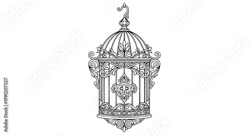Birdcage vintage engraving icon with ornate filigree bars, detailed scrollwork and baroque decorative top for classic design