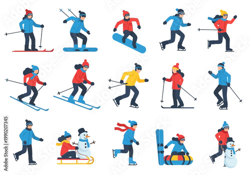 Winter Sports and Outdoor Activities Vector Illustration Set Featuring People Skiing, Snowboarding, Ice Skating, and Sledding