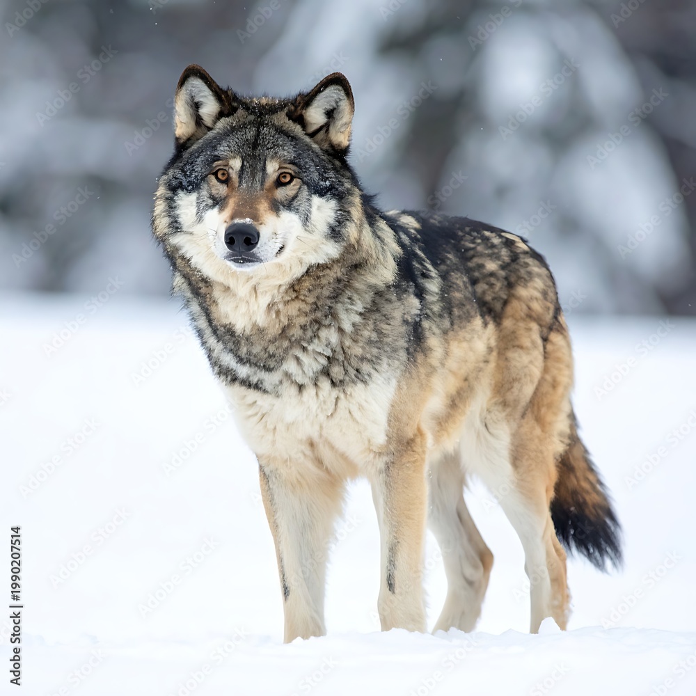 Obraz premium A wolf stands in a snowy landscape