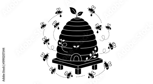 Beehive illustration with black stripes, honeycomb texture, and flying bees around in decorative wreath style