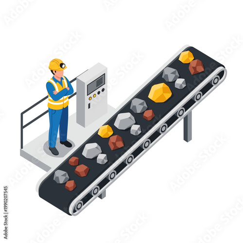 Miner Inspecting Conveyor Belt with Various Minerals.