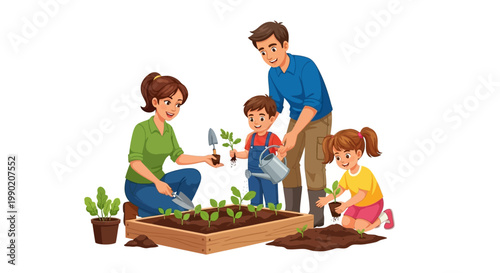 Happy family planting seedlings in a garden bed together, outdoor activity, healthy lifestyle