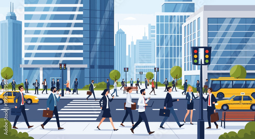 Bilde på lerret Diverse crowd crossing busy city street with modern skyscrapers and yellow taxi