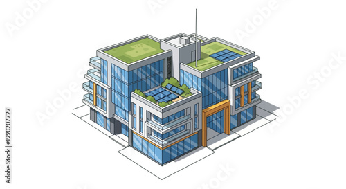 Modern Eco-Friendly Building with Green Roof and Solar Panels - Isometric View