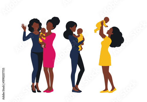Flat Vector Illustration of Black Mothers with Infants, Same-Sex Female Couple with Baby, and Single Black Mothers Holding Newborns, Isolated on White Background