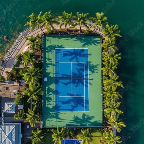 Aerial Top-Down View of a Luxury Blue and Green Tennis Court Surrounded by Tropical Palm Trees Next to the Water
