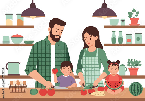 Happy Family Preparing Healthy Meal Together in Modern Kitchen Flat Vector Illustration