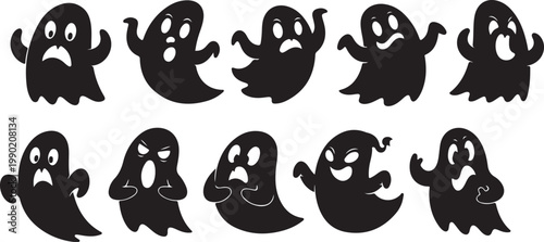 Halloween ghosts, spooky black icons, creepy characters, ghostly silhouettes isolated on Transparent Background