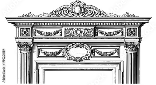 Facade building ornament illustration with ornate columns, decorative cornice and baroque filigree for architectural design and print