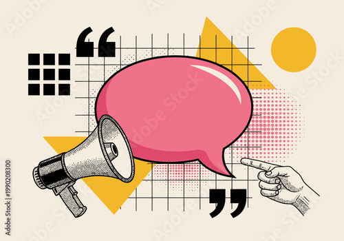 Retro Pop Art Megaphone and Speech Bubble Illustration with Pointing Hand - Vintage Comic Communication Concept