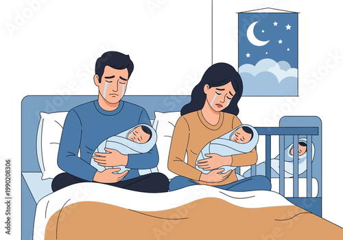 Stressed Parents Crying and Holding Newborn Babies at Night, Depicting Postpartum Depression and Parental Exhaustion Illustration