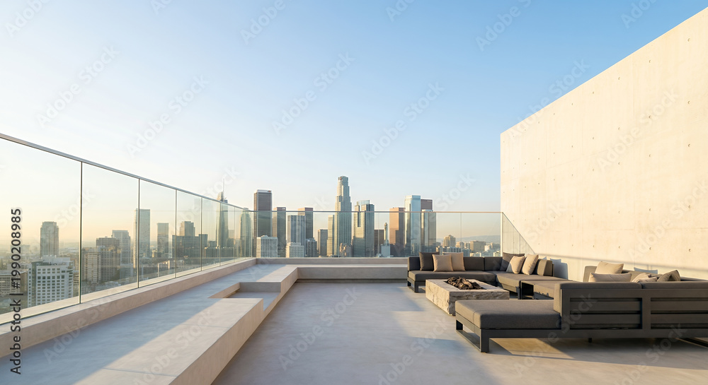 Obraz premium A modern rooftop patio with a sectional sofa and fire pit overlooks the Los Angeles skyline at sunset.