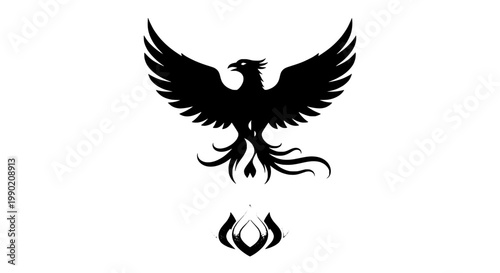Eagle emblem vector with spread wings and flame droplet center, vintage tattoo style for biker insignia and emblem design