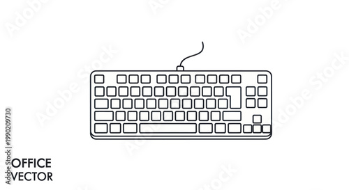 Minimalist line art drawing of a computer keyboard with a cord, white background