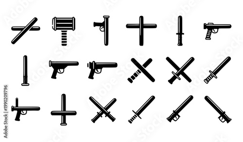 Police baton icon set with black nightstick and truncheon silhouettes in flat vector style