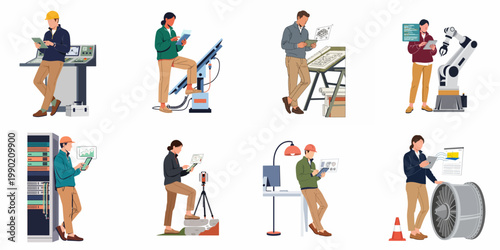 Set of flat illustrations featuring diverse engineers and technical professionals using tablets and advanced technology in various industrial, office, and field environments.