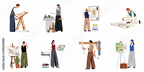 A collection of architects and urban planners working on building blueprints, scale models, and digital designs for construction projects in a flat illustration style.