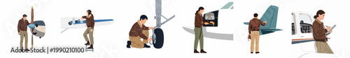 Illustrations of male and female pilots performing pre-flight safety checks and maintenance on small light aircraft in flat design style.