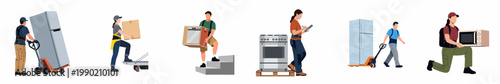 Set of illustrations showing professional movers and delivery workers transporting various home appliances like refrigerators, stoves, and microwaves.