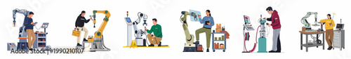 Set of professional engineers and technicians working with industrial robots, CNC machines, and digital control panels for automated manufacturing.