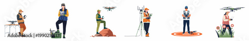 Flat vector illustrations of diverse people operating professional drones in various outdoor environments, including agricultural, mountain, and field settings.