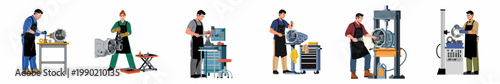 Vector illustration set of mechanics and technicians repairing and maintaining automotive transmission systems in a garage or workshop setting.