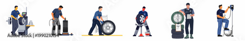 Set of professional mechanics performing various tire services including balancing, pressure checking, and inflation in an auto repair workshop.