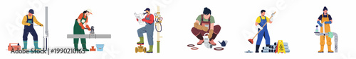 Set of professional plumbers performing various maintenance tasks, including pipe repair, drain cleaning, and system inspection, isolated on a white background.