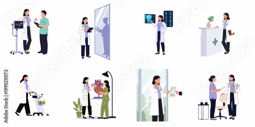 Flat Illustration Collection of Medical Professionals and Doctors in Various Hospital and Healthcare Scenes