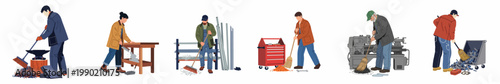 Set of flat vector illustrations featuring various workers cleaning workshops by sweeping debris, metal shavings, and sawdust with brooms and brushes.
