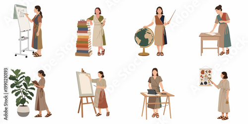 Diverse Collection of Minimalist Flat Vector Illustrations Featuring Female Educators and Teachers in Various Professional Educational Settings and Classroom Activities