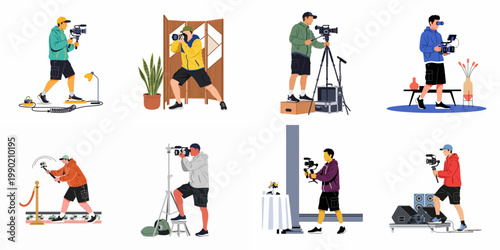 Set of Flat Vector Illustrations Featuring Professional Videographers and Photographers Using Various Cameras, Gimbals, and Equipment in Different Scenarios