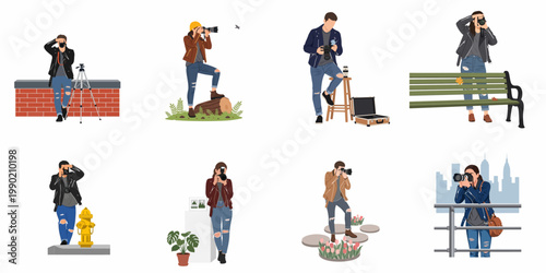 Flat vector illustration set of male and female professional photographers shooting in diverse urban and natural environments with various camera gear.