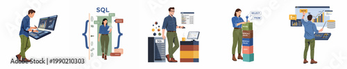 Set of flat illustrations featuring professionals managing SQL databases, analyzing sales data, and visualizing business intelligence reports on digital dashboards.