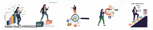 Professional woman SEO specialist performing website audit, managing crawl frequency, fixing 404 errors, and optimizing search engine performance.