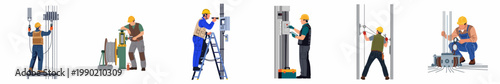 Set of technicians and engineers performing maintenance and installation of elevator systems and electrical equipment.