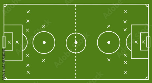 Overhead view of a soccer field with white line markings illustrating game play strategy and team formation on the green turf