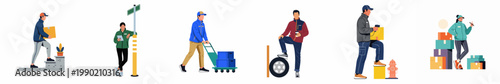 Flat vector set of delivery service workers and logistics personnel performing various tasks such as carrying packages, scanning boxes, and using a hand truck.