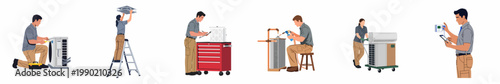 Set of illustrations showing professional HVAC technicians installing, maintaining, and repairing air conditioning and heating systems in various settings.