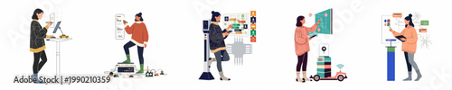 Illustration set of women interacting with smart city technology, autonomous vehicles, data analysis tools, and futuristic digital interfaces in a modern flat style.