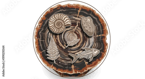 Petrified wood slice with fossils of ammonite fern shellfish fish skeleton leaf in retro cartoon style for education and paleontology themes