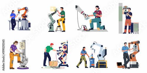Collection of flat illustrations depicting robotic engineers and technicians assembling, repairing, and programming various industrial and humanoid robots in a laboratory.