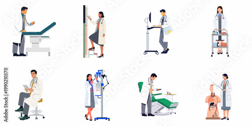 Collection of diverse medical professionals and doctors in flat vector style performing various healthcare tasks and clinical procedures in hospital settings.