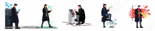 Vector illustration set featuring cybersecurity experts, hackers, and IT professionals managing data security, digital identity, and server systems in flat design style.